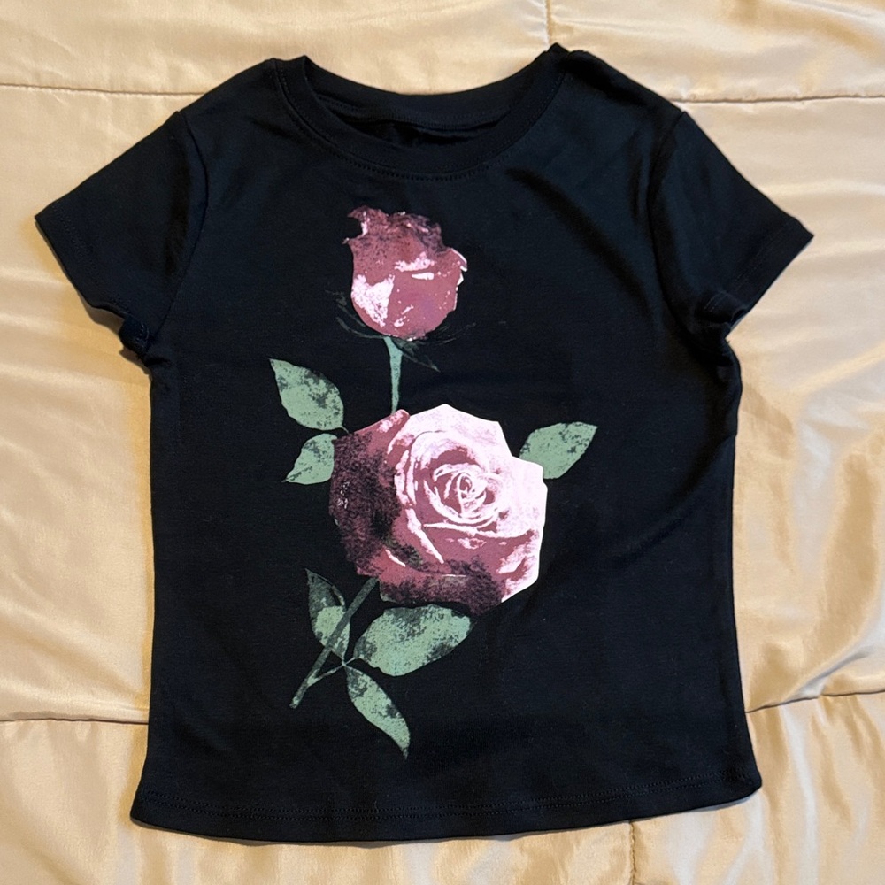 art class Black Tee with Pink Floral Design